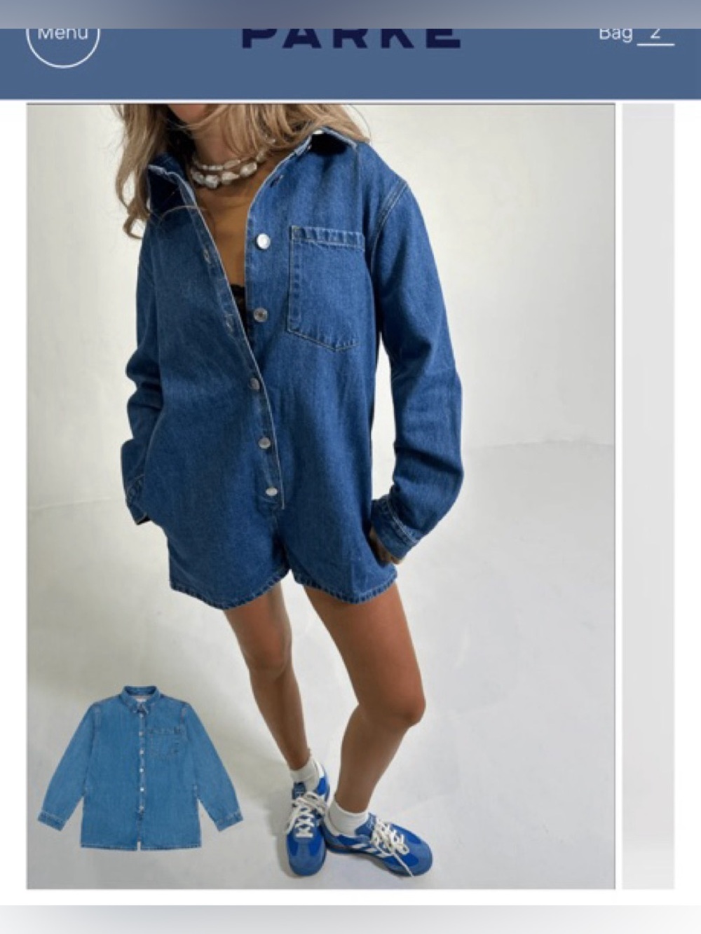 PARKE denim romper long sleeve button up playsuit collar patch dark wash